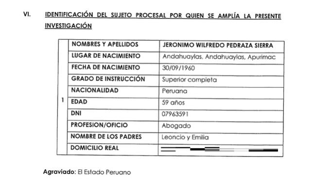 Ficha de identificación de Wilfredo Pedraza incluida en la disposición de la Fiscalía.