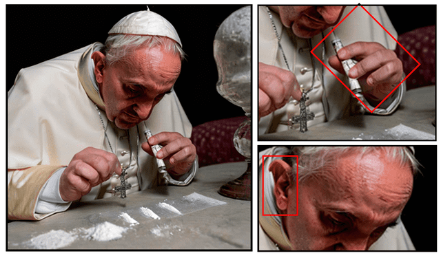  En la foto, el papa tiene cuatro dedos y su oreja ha sido mal generada. Foto: composición LR/ Reddit 