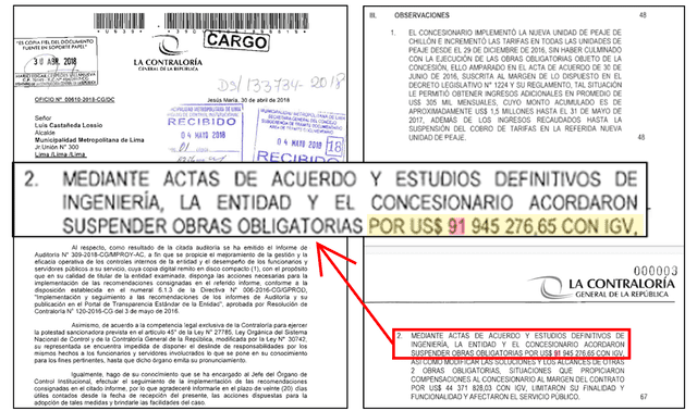  Informe de Control de Contraloría que señala que durante la gestión de Castañeda se habría perjudicado a Lima por 91 millones de dólares en relación a Rutas de Lima. Foto: composición LR/ Contraloría    