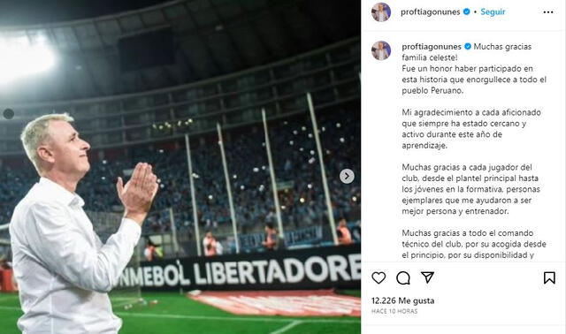 Despedida del entrenador brasileño. Foto: Instagram/proftiagonunes 