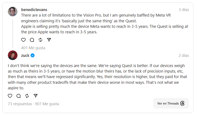  Respuesta de Mark Zuckerberg a usuario que criticó a las Quest. Foto: captura de Threads   