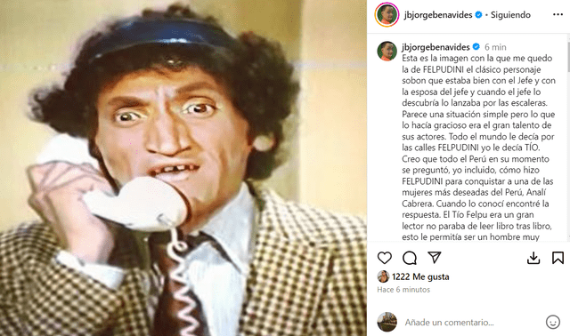  El mensaje de Jorge Benavides por la muerte de Felpudini. Foto: Jorge Benavides/Instagram   