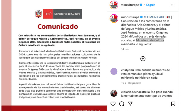  Ministerio de cultura rechaza comentarios de Anis Samanez y al editor de Vogue Latinoamérica. Foto: Ministerio de Cultura/Instagram    