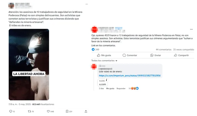 <em> Publicaciones desinformativas por las redes sociales de X y Facebook. Foto: capturas de pantalla</em>   