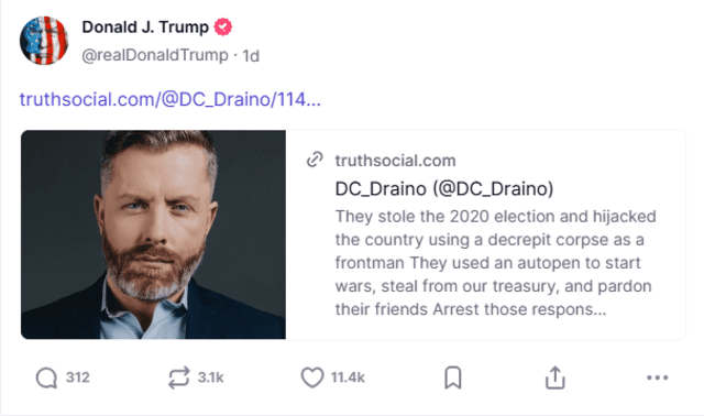 Donald Trump reshared post calling Joe Biden a "decrepit corpse". Photo: @realDonaldTrump/ Truth Social    