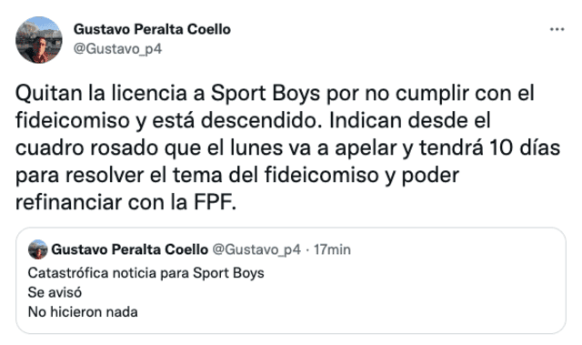 FPF denegó la licencia a Sport Boys. Foto: captura Twitter/Gustavo Peralta