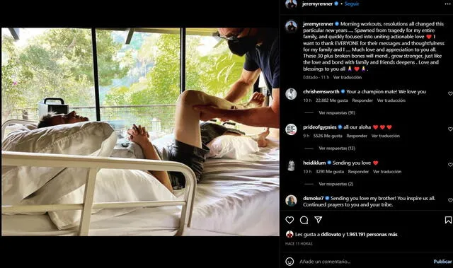 Jeremy Renner es dado de alta y recibe terapia en casa. Foto: Instagram Jeremy Renner