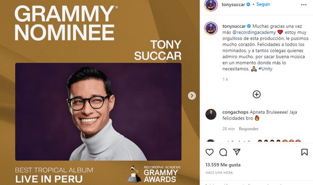 Tony Succar emocionado por ser nominado a los premios Grammy 2022. Foto: Tony Succar/Instagram.