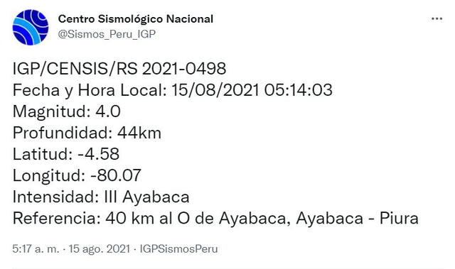 Datos del sismo en Piura. Foto: captura Twitter IGP