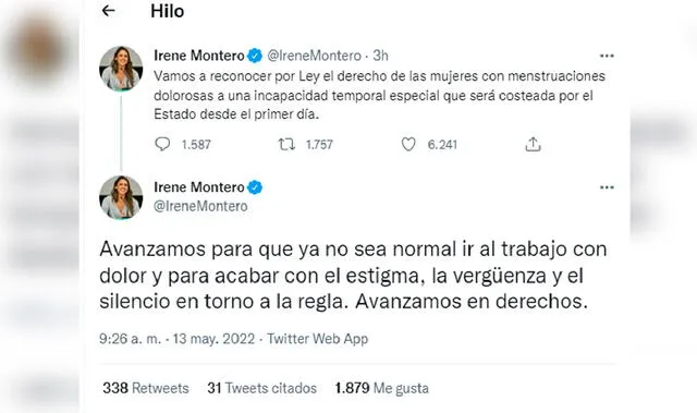La ministra de igualdad del Gobierno de España, Irene Montero, se pronunció sobre la propuesta de ley a través de su cuenta de Twitter. Foto: captura
