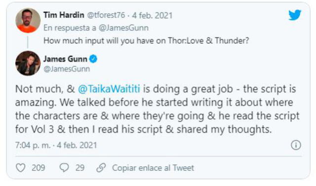 James Gunn respondió si Thor 4 sería parte de la historia de GOTG 3. Foto: captura Twiiter de@tforest76