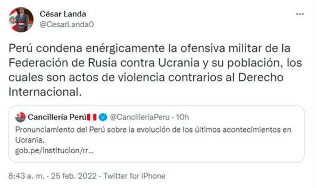 César Landa señala que el Perú condena "enérgicamente" el ataque de Rusia contra Ucrania. Foto: captura/Twitter