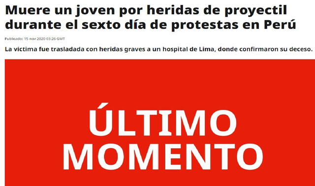 RT refleja el deeso de un joven que participaba en las m,anifestaciones contra el gobierno de facto de Manuel Merino. Foto: captura web