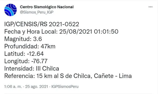 Datos del temblor de hoy. Foto: captura Twitter