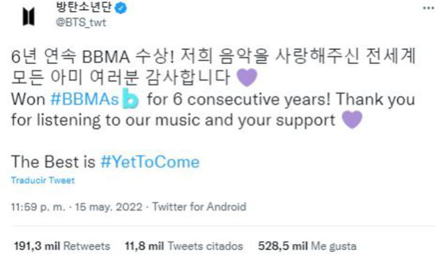 BTS reacciona a sus victoria en los BBMAs 2022. Foto: vía Twitter