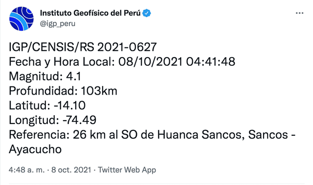 Temblor de magnitud 4.1 se sintió en Ayacucho hoy, según IGP. Foto: Twitter