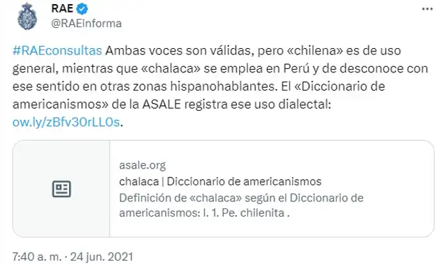 La RAE no reprueba el uso de chalaca, pero considera que chilena está más generalizada. Foto: captura de RAE/X 