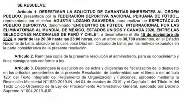  Resolución del Ministerio del Interior. Foto: captura de Canal N<br>   