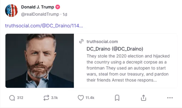 El presidente reposteó la publicación en su cuenta oficial en Memorial Day. Foto: Captura de Truth Social.   