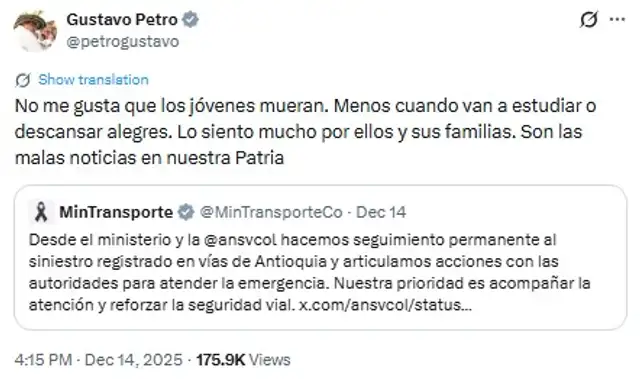 Petro envió condolencias a través de su cuenta de X. Foto: @petrogustavo/X<br> Petro envió condolencias a través de su cuenta de X. Foto: @petrogustavo/X<br>