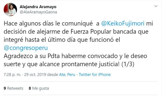 Tuit de Alejandra Aramayo sobre su salida de Fuerza Popular.