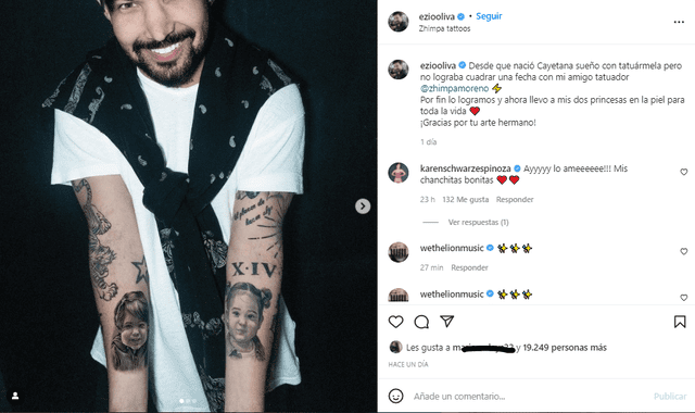 Ezio Oliva se tatuó la cara de su hija Cayetana. Foto: Ezio Oliva/Instagram
