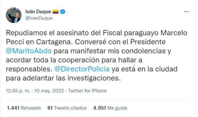 Pronunciamiento del presidente de Colombia, Iván Duque, sobre el asesinato del fiscal paraguayo Marcelo Pecci. Foto: @IvanDuque/Twitter