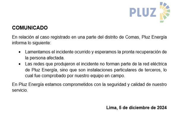 Comunicado de empresa Pluz Energía. Foto: captura   