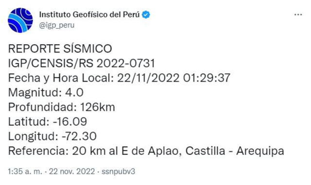Datos del sismo en Arequipa. Foto: IGP