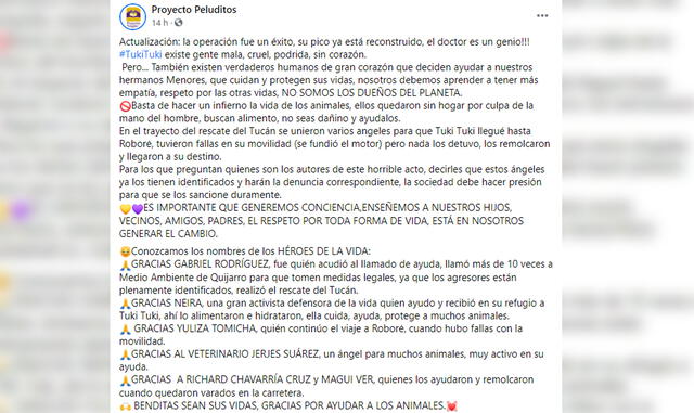 Publicación en Facebook del grupo de rescate. Foto: captura Facebook.