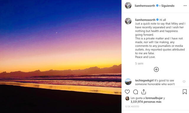 Mensaje de Liam Hemsworth en Instagram