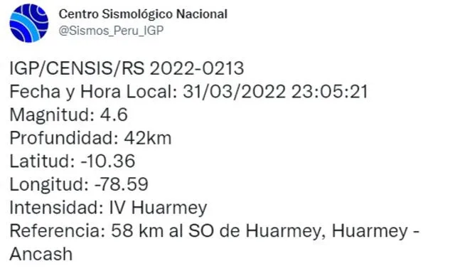 Datos del sismo en Ancash. Foto: captura Twitter