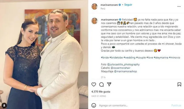 Marina Mora publica tierno mensaje horas antes de su matrimonio. Foto: Marina Mora/ Instagram