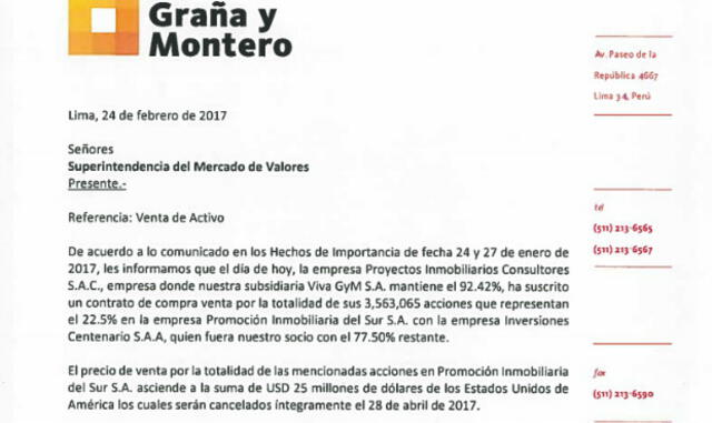 Graña & Montero vende totalidad de sus acciones en la empresa Promoción Inmobiliaria del Sur S.A.