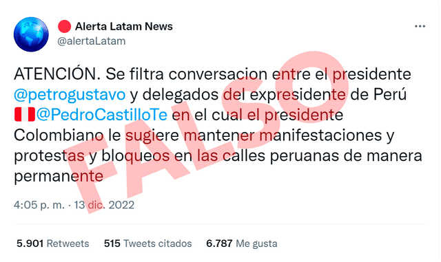 Tweet de Alerta Latam News que difundió el bulo sobre Petro