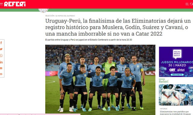 Así informó prensa uruguaya del partido contra Perú. Foto: captura El Observador (Uruguay).
