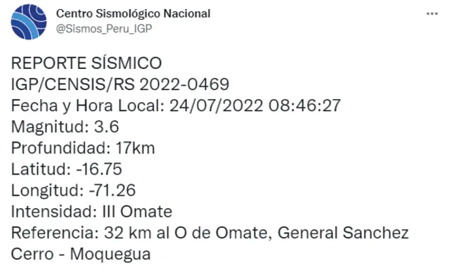 Sismos de hoy en Perú según IGP