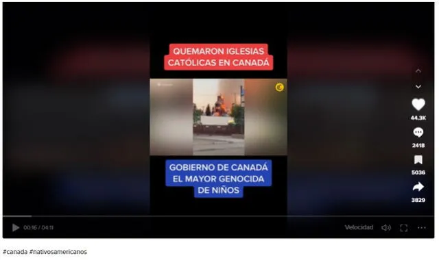  Video que dice “queman iglesias en Canadá” circula sin contexto desde inicios de mayo de 2023. Foto: captura en TikTok.    