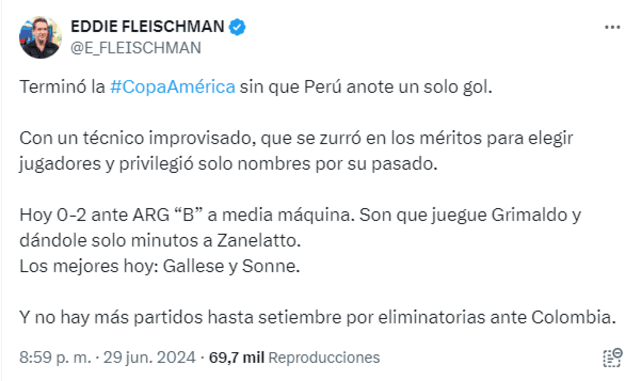 Publicación de Eddie Fleischman tras derrota de Perú ante Argentina. Foto: captura X   