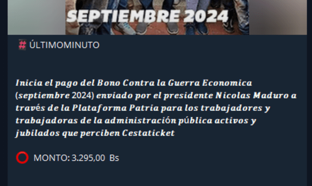 El primer pago del Bono de Guerra llegó el 16 de septiembre. Foto: Canal Patria Digital/ Telegram