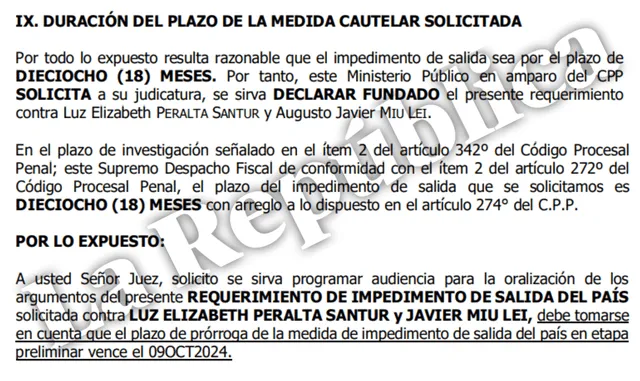  Solicitud de la Fiscalía que solicita se declare fundado su pedido de 18 meses de impedimento de salida.   