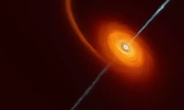 Ilustración de un agujero negro rodeado de material sobrecalentado y arrojando chorros de materia. Foto: ESO / M. Kornmesser
