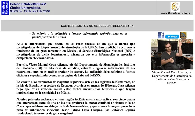 Comunicado realizado por el SSN de la UNAM. Foto: Captura LR/ SSN.