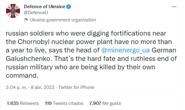 "Ese es el destino duro y el final despiadado de los militares rusos que están siendo asesinados por su propio comando”, expresó ministro ucraniano de Energía. Foto: Defence of Ukraine / Twitter