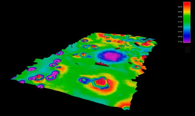 Con datos del sonar, en alta resolución, los científicos crearon el mapa del fondo marino de Bikini, que muestra cráteres de diversos tamaños y restos contaminantes dejados por las explosiones. Imagen: Arthur Trembaris.