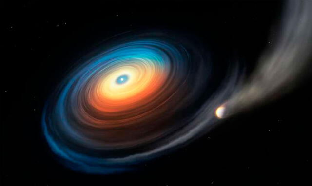 Ilustración que muestra a la enana blanca WDJ0914 + 1914 y el planeta similar a Neptuno, que despide gas hacia el exterior y hacia el interior del disco. Crédito: ESO.