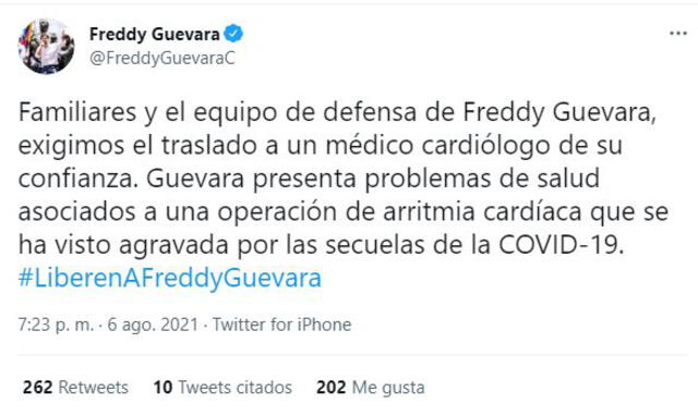 Tuit publicado en la cuenta del opositor Freddy Guevara. Foto: captura Twitter