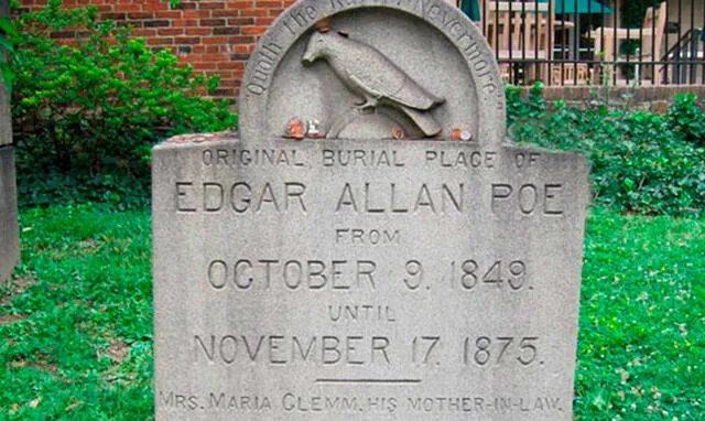 Primera lápida de la tumba de Edgar Allan Poe en el cementerio de Westminster, Baltimore. Foto: Difusión
