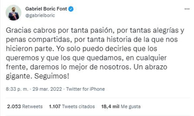 Publicación de Gabriel Boric en Twitter sobre la eliminación de la selección chilena de cara al mundial de fútbol Qatar 2022. Foto: captura Twitter