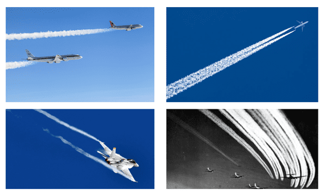 Distintos tipos de avión generando las estelas. En orden, aviones comerciales, jets comerciales, jets militares y bombarderos. Composición LR en base a fotos de wiki, pinterest y el estudio World War II Contrails